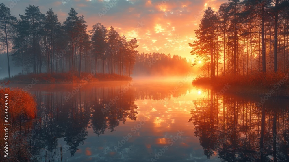  a body of water surrounded by trees with a sun setting in the middle of the picture and a fog in the middle of the water, and a fog in the middle of the middle of the water.