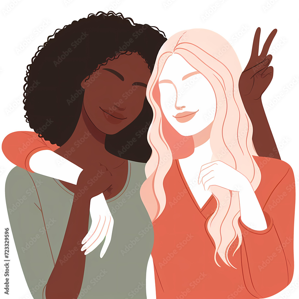 Two beautiful girls with different skin colors, girl besties, ethnicity vector illustration in retro style, generative ai Two beautiful girls with different skin colors, girl besties, ethnicity vector illustration in retro style, generative ai