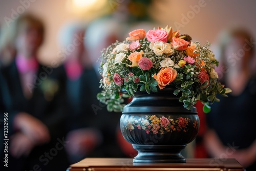 Sad farewell to deceased person with burial urn adorned with flowers mourners in background