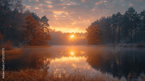  a lake surrounded by trees with the sun setting in the middle of the lake and a few clouds in the sky above the water and the water and the trees in the foreground.