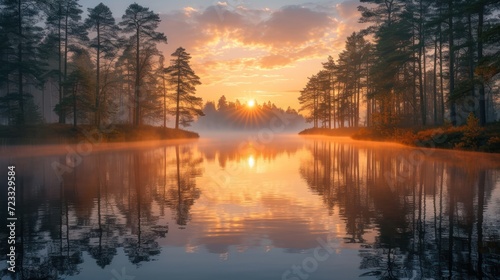  a body of water surrounded by trees in the middle of a forest with the sun shining through the clouds and reflecting in the water at the water's edge.