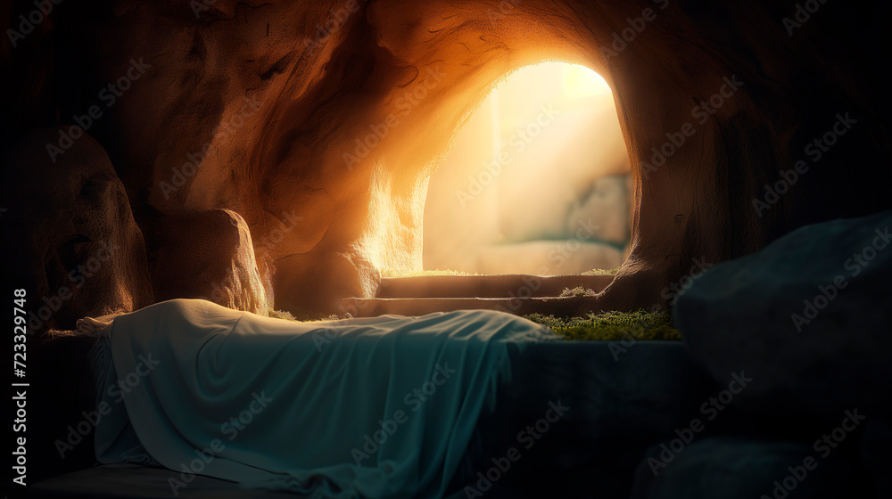 Bible, Easter, Resurrection, The empty tomb of Jesus, where the shrouds lie abandoned. The sun rises. - obrazy, fototapety, plakaty 