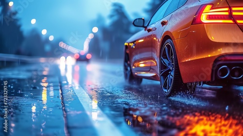 Rainy Evening Drive: Luxury Car Tail Lights on Wet Road © Raad