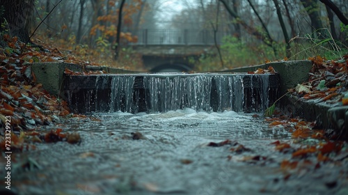  a small waterfall in the middle of a forest with a bridge in the background and leaves on the ground in the foreground  with a bridge in the background.