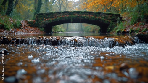 a stream flowing under a bridge in a forest with fall leaves on the ground and a bridge in the distance with a stone bridge in the middle of the water.