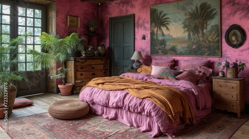  a bed room with a neatly made bed and a potted plant on the side of the bed and a potted plant on the other side of the bed.
