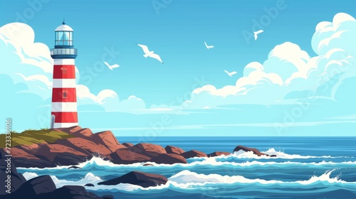 Cartoon lighthouse on a rocky shore, waves crashing, seagulls in the sky