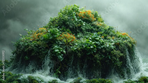  a tree covered in lots of green leaves and orange flowers in the middle of a body of water with a waterfall coming out of the middle of the top of it.