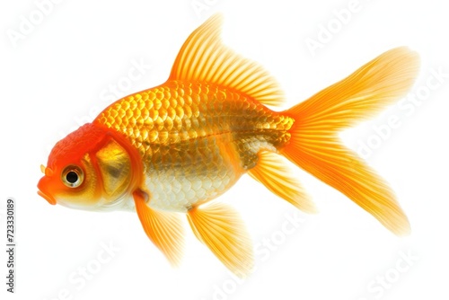 Solitary goldfish on white background