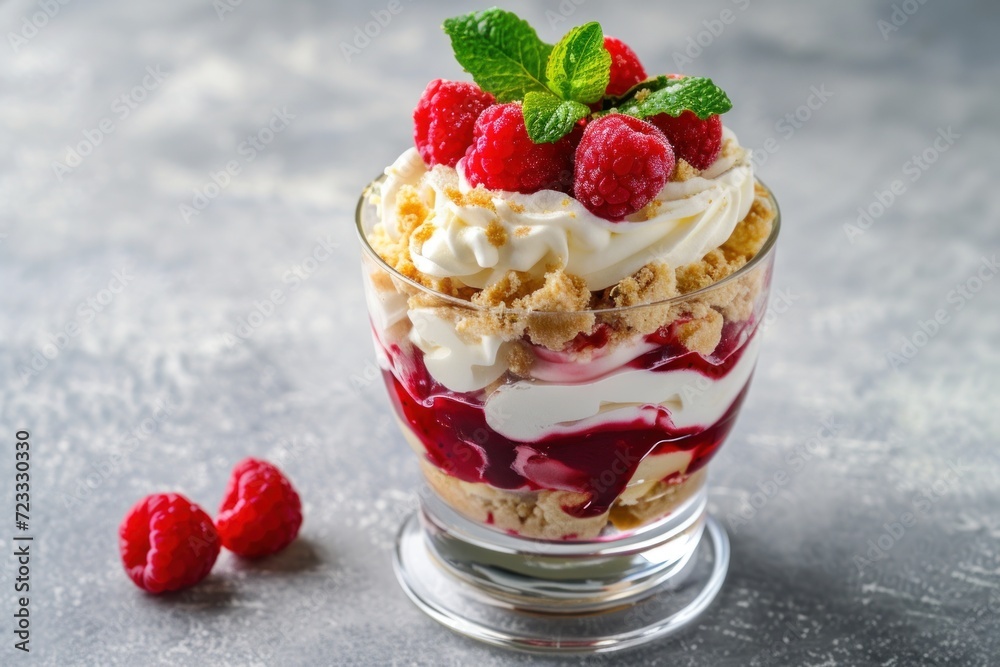 Summer diet dessert consisting of raspberry trifle with cream sauce crumbs and mint in a glass on a concrete background Summer diet dessert consisting of raspberry trifle with cream sauce crumbs and mint in a glass on a concrete background