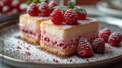 a piece of cake with raspberries on top of it on a plate with powdered sugar on the plate and a few raspberries on top of the plate.