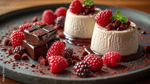  two desserts on a plate with raspberries, chocolate and a mint garnish on the top of the cake and on the bottom of the plate are raspberries.