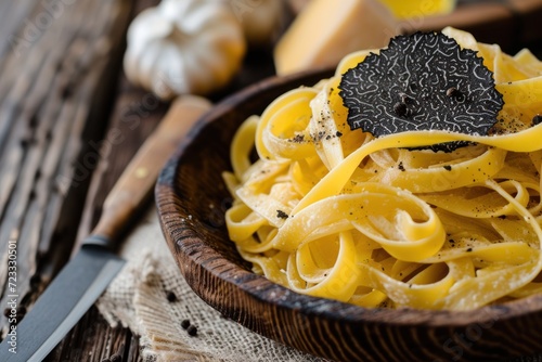 Tagliatelle with black truffle mushrooms Italian autumn recipe with rustic style presentation and selective focus photo