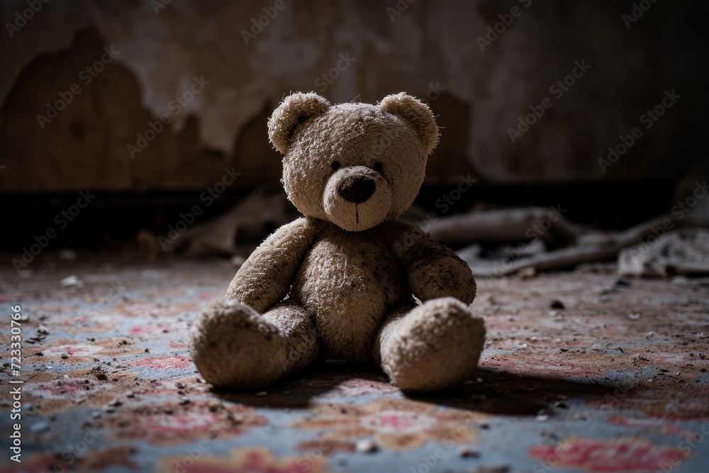 Teddy bear dirtily placed on the floor