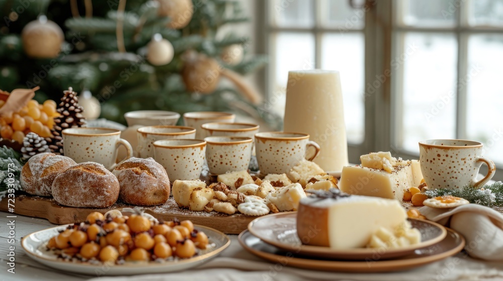  a table topped with plates of food and cups filled with saucers and saucers next to a christmas tree filled with baubles and pine cones and pine cones.