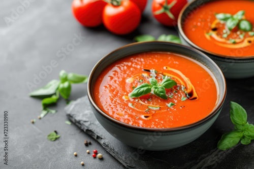 Tomato soup in bowls on concrete background
