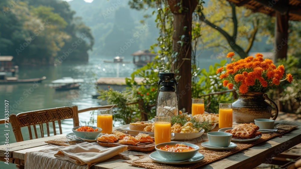  a wooden table topped with plates of food and glasses of orange juice next to a body of water with boats in the water behind it and trees and orange flowers in the foreground.