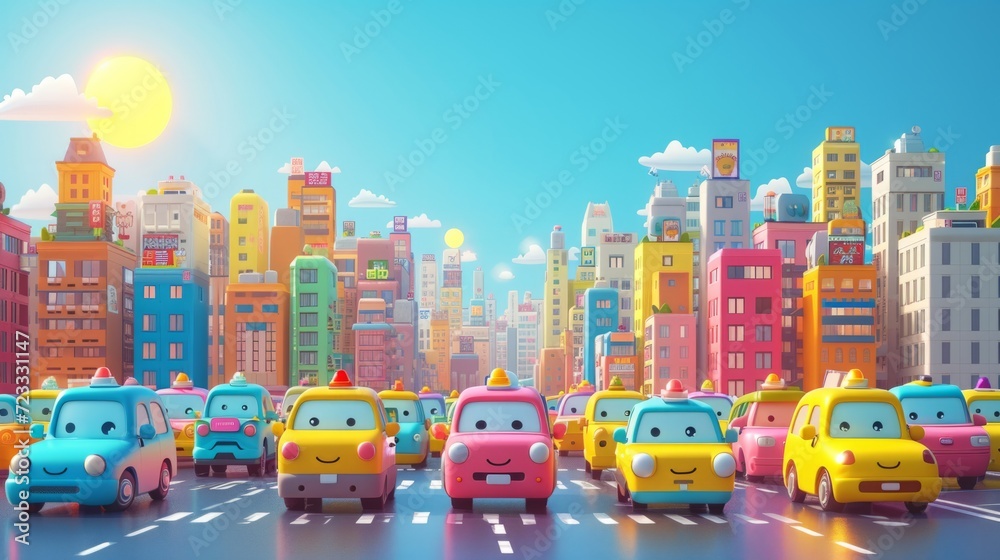 Kawaii-style bustling cityscape with smiling buildings, cheerful cars, and a bright sun
