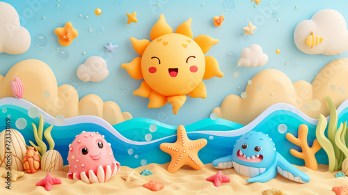 Playful kawaii illustration of a sunny beach day with happy sun, soft sand, and cheerful sea creatures