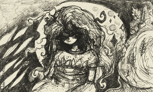 Sketchbook traditional art, original illustration created by human. Can be used as background or cover, clothes design, or other. Gothic art, magical sketch. Wall design, desktop design.