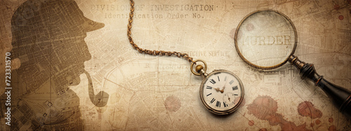 Sherlock Holmes Profile, magnifier, blood drops, clock, map and police form. Old background on the theme of crime, police, detective, investigation. Old style. photo
