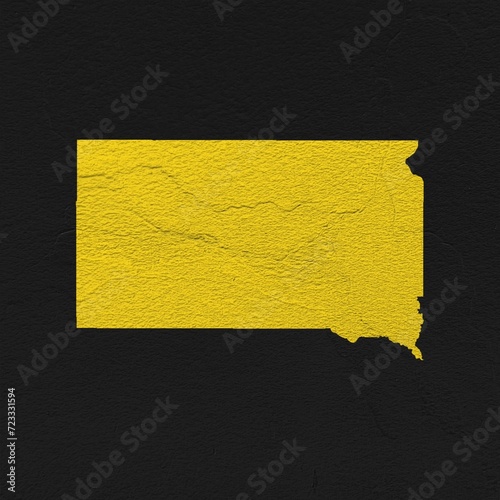 South Dakota yellow map on isolated black textured background. High quality coloured map of South Dakota, USA. photo