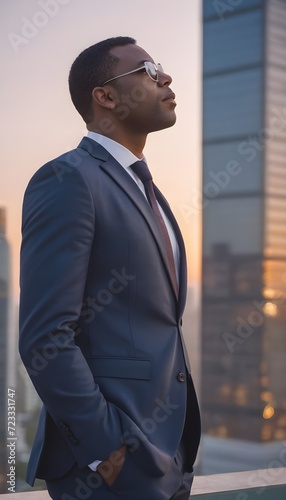 Standing in a modern skyscraper street in a huge city at dusk, thinking about his successful vision and dreaming of future investment opportunities, is a happy, prosperous, rich, and successful black 