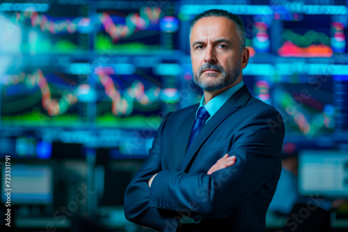 Portrait professional middle aged businessman in suit against stock market screens © oscargutzo