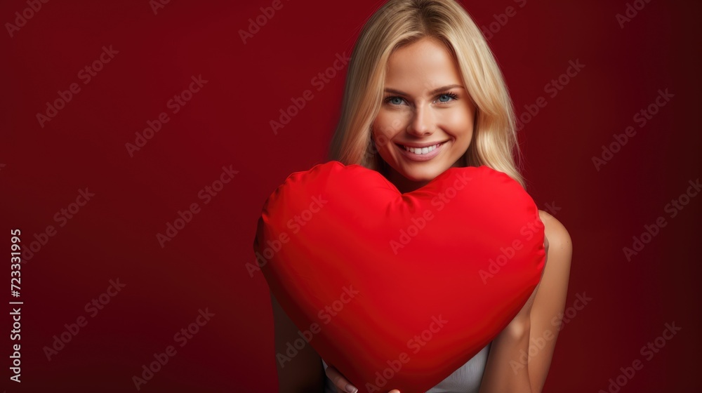 Cute smiling blonde woman with blue eyes holds a heart shaped red pillow. Solid background. Love and happy relationship concept. AI Generated 