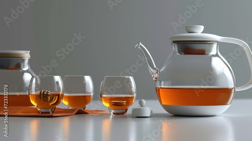  a pitcher of tea next to glasses of tea and a tea pot with a tea strainer on the top of the pitcher and four glasses on the side of the tea tray.
