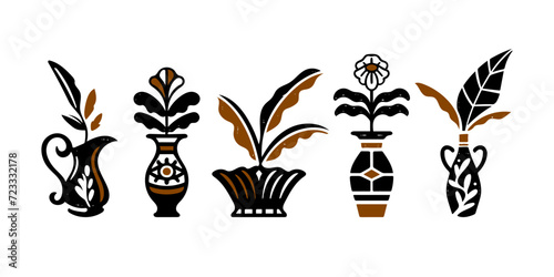 Set of groovy Flower tropical plant with vases . Trendy botanical wall arts with floral design in vintage illustration Art  style. Modern native groovy funky wallpaper decorations Vector art.