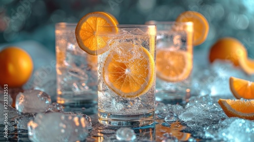 a close up of a glass of water with orange slices on the rim and ice cubes on the bottom of the glass and on the bottom of the glass.