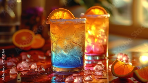  a close up of two glasses of drinks on a table with orange slices and ice cubes on the side of the glasses and on the table is an orange slice of the glass.