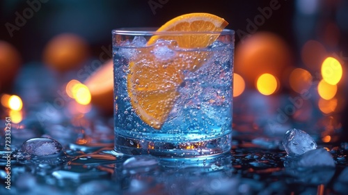  a close up of a glass of water with a slice of orange on the rim of the glass and ice cubes on the bottom of the glass, with lights in the background.