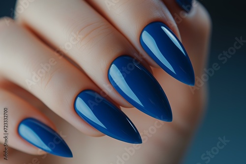perfect almond shaped manicure with blue nails, nail salon ad, nail trends