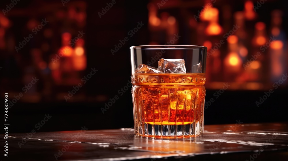 Glass of scotch whiskey with ice on a bar counter. Alcohol drink in restaurant. AI Generated 