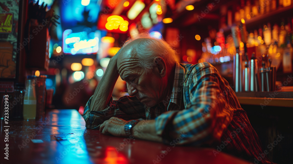 Fototapeta premium Drunk man sitting in a bar. Depressed man sitting in a bar.