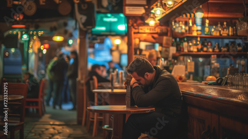 Drunk man sitting in a bar. Depressed man sitting in a bar. photo