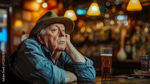 Drunk man sitting in a bar. Depressed man sitting in a bar.