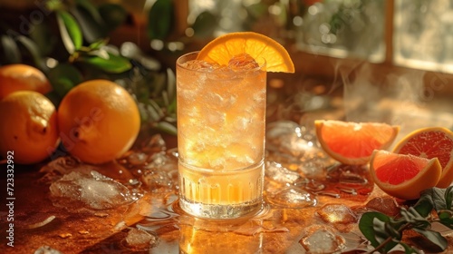  a close up of a drink on a table with grapefruit  oranges  and a glass of water on a table with ice and a few pieces of grapefruit.