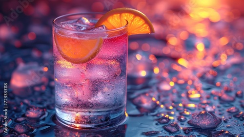  a close up of a glass of water with a slice of an orange on the rim of the glass with ice and water droplets on the bottom of the glass.