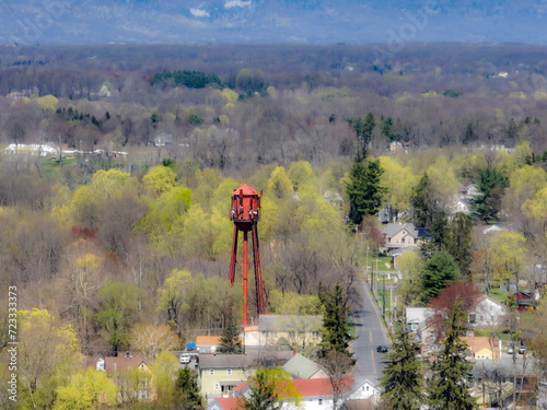 Spring afternoon aerial photo of the water tower located in the hamlet of Wallkill, Town of Shawangunk, NY, USA	04-14-2023. photo