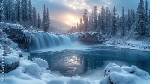  a frozen waterfall in the middle of a forest with snow on the ground and trees on the other side of the waterfall, with the sun shining through the clouds in the distance.