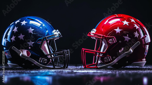 Two American football helmets facing each other on the black bacground