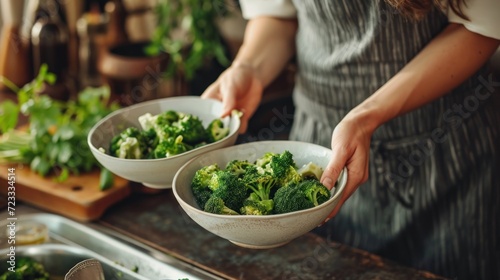  a person holding two bowls of broccoli in front of a sink and a cutting board with a cutting board and cutting board in front of broccoli.