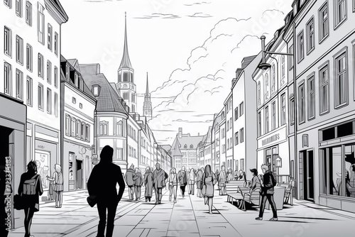 Black and white illustration of a Scandinavian cityscape. Crowded city and pedestrians, cityscape, concept of life in a European city. Cartoon comic style drawing.
