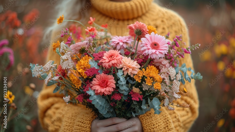  a woman in a yellow sweater holding a bouquet of flowers in front of a field of red, orange, and yellow wildflowers with a yellow sweater on.