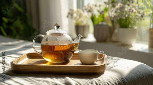  a cup of tea and a teapot on a tray on a bed with flowers in the window sill behind the teapot is a tray with a teapot and two cups on it.