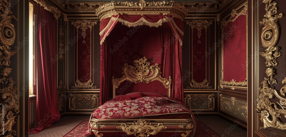 An ornate bed canopy with gold leaf detailing, set in a room with walls in a deep wine color