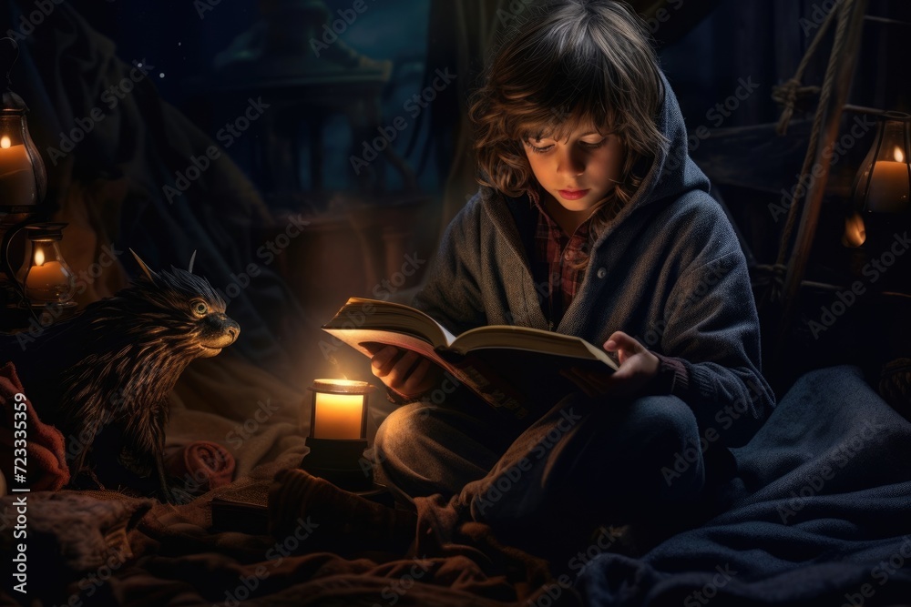 International Childrens Book Day, a little boy reading a book, magical atmosphere, night reading, children's fairy tales and myths
